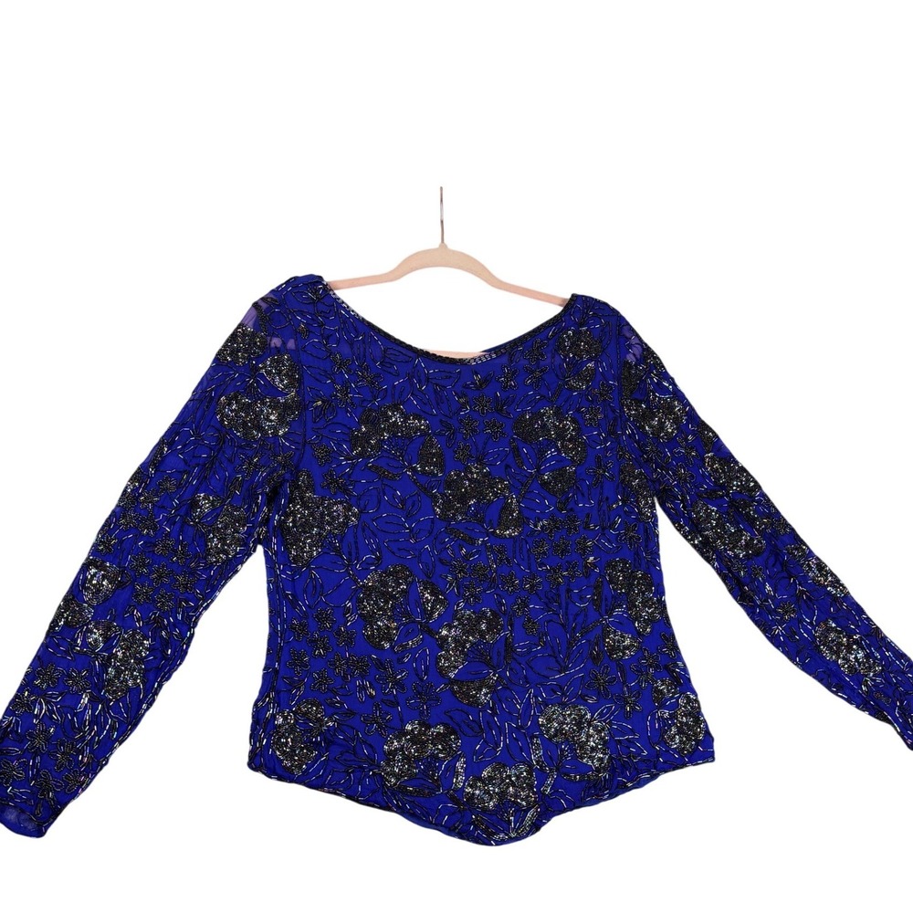Jean Joseph Le Bon Beaded Silk Top Women M Blue Floral Long Sleeve‎